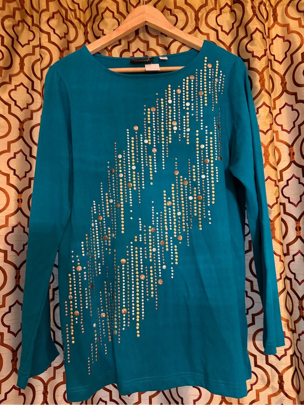 Bob Mackie Teal Long-Sleeve Top with Metallic Studs